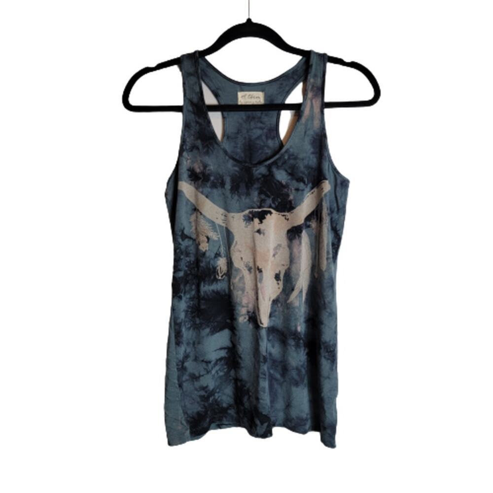 Torn by Ronny Kobo Bull Skull Racerback Tie Dye Tank Top Blue White Size M Boho